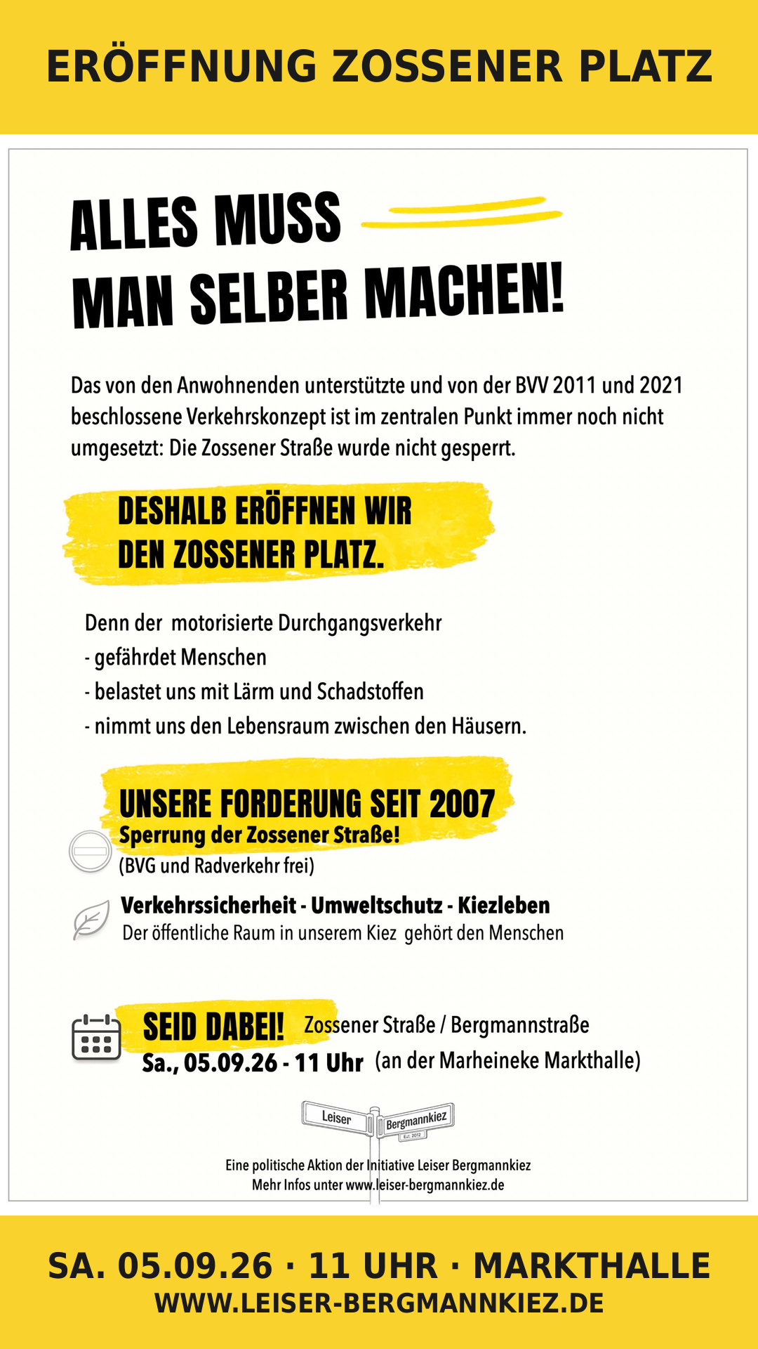 Sharepic Story: Chronik & Argumente: Eröffnung Zossener Platz am 5. September